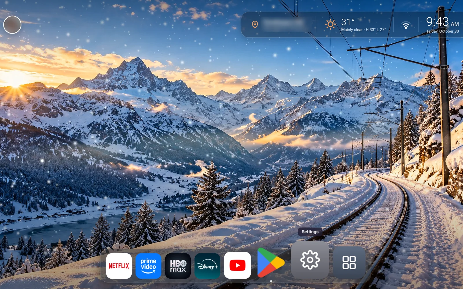 Chill TV Home on a TV: clock, weather and a row of app buttons over a soft gradient.